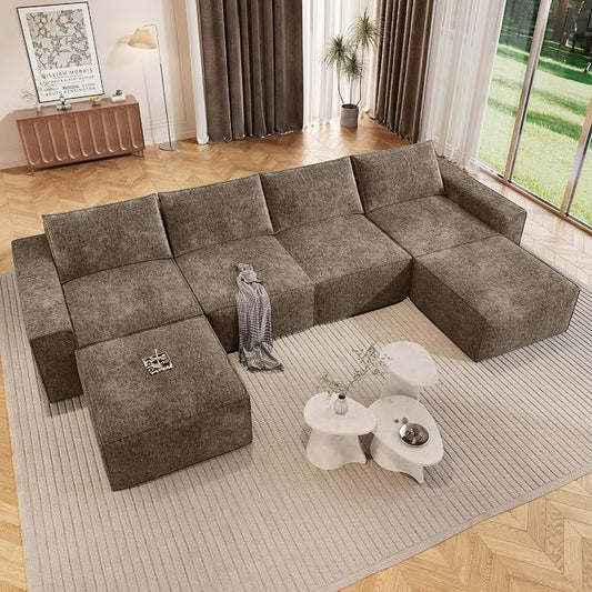 Vesgantti 145.6" Modular Boneless Couch, Modern U Shaped 6 Seater Sectional Sofa with 2 Ottoman & Deep Seat, Convertible Chenille Cloud Couches for Living Room, No Assembly Required, Dark Brown