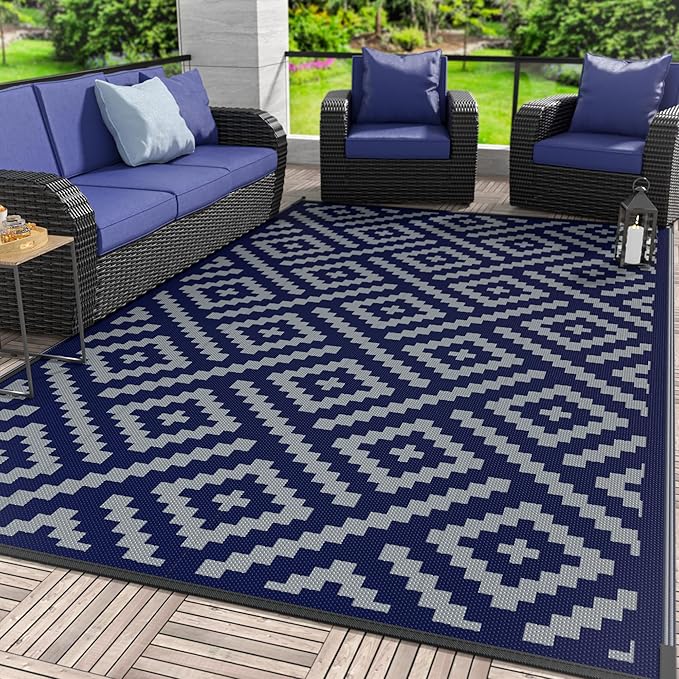 GENIMO Outdoor Rug for Patio Clearance, 9'x12' Waterproof Camping Mat, Reversible Plastic Straw Rugs for RV, Camper, Balcony, Backyard, Picnic, Deck (Blue & Grey)
