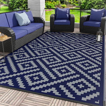 GENIMO Outdoor Rug for Patio Clearance, 9'x12' Waterproof Camping Mat, Reversible Plastic Straw Rugs for RV, Camper, Balcony, Backyard, Picnic, Deck (Blue & Grey)
