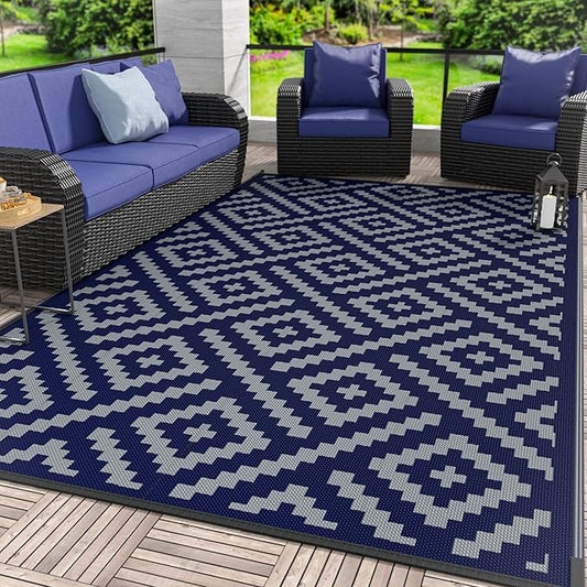 GENIMO Outdoor Rug for Patio Clearance, 9'x12' Waterproof Camping Mat, Reversible Plastic Straw Rugs for RV, Camper, Balcony, Backyard, Picnic, Deck (Blue & Grey)