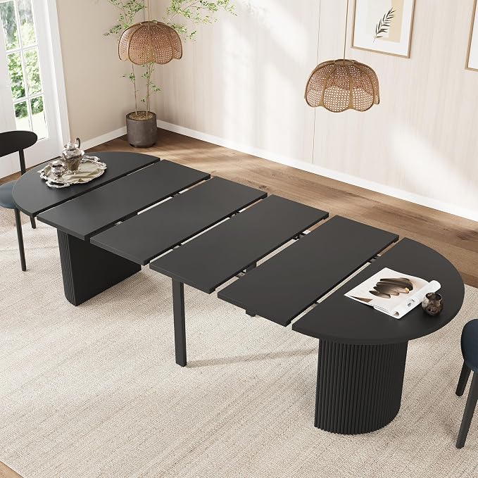 weselon 42"-105" Extendable Dining Table for 4-12, Expandable Oval Dining Room Table with Fluted Pedestal Base & Reinforced Metal Support Leg, Large Modern Kitchen Table for Dining Room (Black)