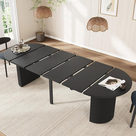 weselon 42"-105" Extendable Dining Table for 4-12, Expandable Oval Dining Room Table with Fluted Pedestal Base & Reinforced Metal Support Leg, Large Modern Kitchen Table for Dining Room (Black)