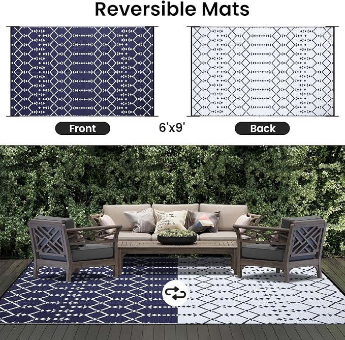 Smiry Outdoor Rug 6x9 ft, Waterproof Reversible Plastic Straw Rugs, Boho Outdoor Area Rug, Outside Floor Mat for Patio, Backyard, Deck, Picnic, Beach, Camping, Navy