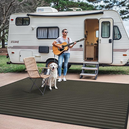 GENIMO Outdoor Rug for Patio Clearance, 8'x10' Reversible Plastic Straw Rugs, Lightweight Waterproof RV Camping Mat for Camper, Balcony, Deck, Backyard, Picnic, Black & Brown
