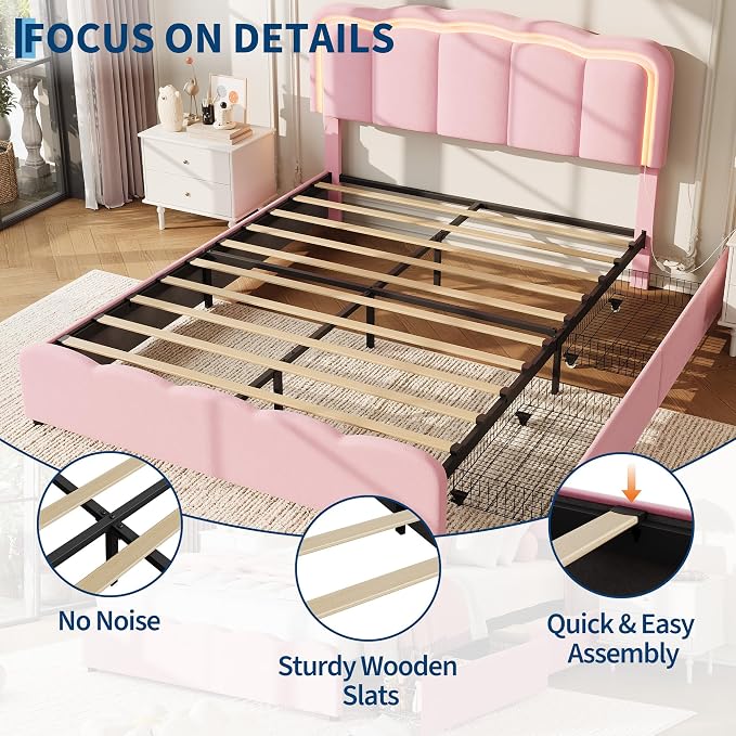 Garvee Queen Size Bed Frame with 2 Storage Drawers and LED Lights, Upholstered Platform Queen Bed with Adjustable Headboard, Wooden Slats Support, No Box Spring Needed, Easy Assembly, Pink