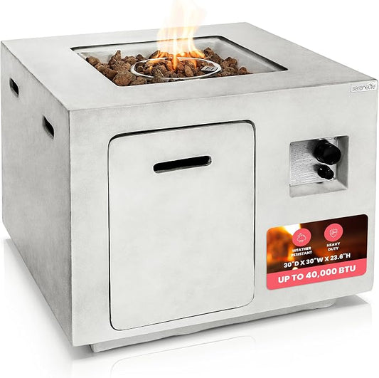 Outdoor Propane Fire Pit Table - CSA/ETL Certified Safe 40,000BTU Pulse Ignition Weatherproof Square Propane Gas Fire Table - Adjustable Flame, Thermocouple - PVC Cover, Lava Rock - SereneLife