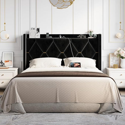 Allewie Velvet Full Size Upholstered Bed Frame with Wingback Storage Headboard & Charging Station, Platform Bed with Diamond Tufted Design & Gold Trim, No Box Spring Needed, Easy Assembly, Black
