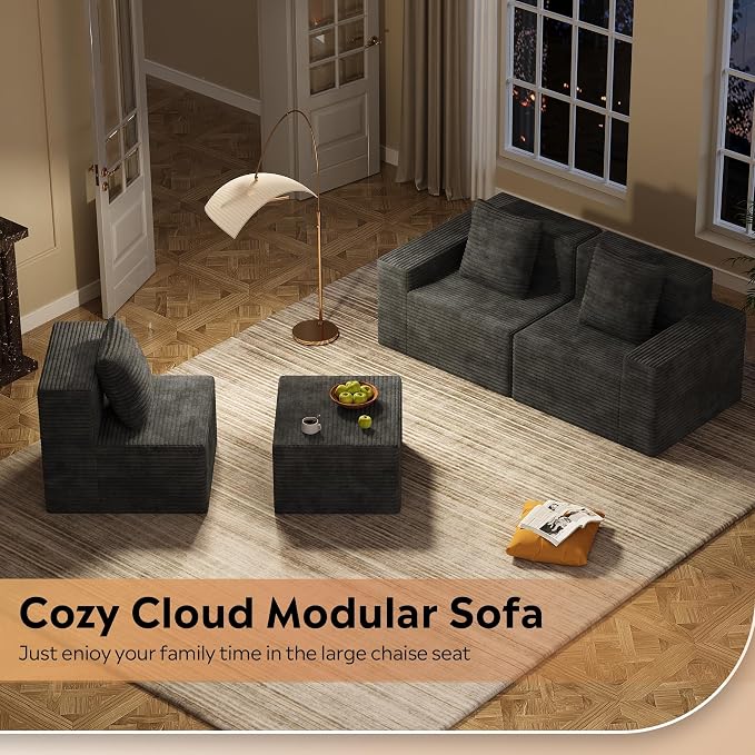 WLIVE 110'' Cloud Sectional Couches for Living Room, Modular Boneless Couch with Facing Chaise, L Shape Memory Foam Corduroy, with Ottoman, Grey