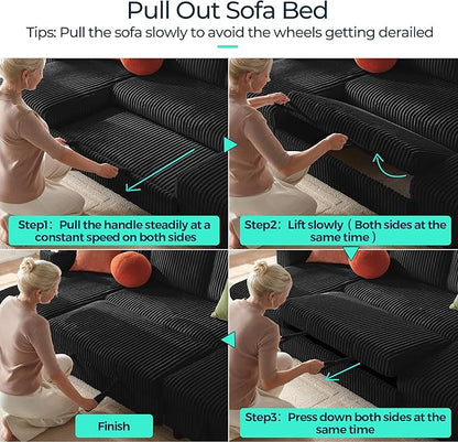 LINSY HOME Sectional Sleeper Sofa Pull Out Couches for Living Room (Black, Sleeper Sofa 3) | Pull Out Sofa Bed, Storage, USB Charging, Cup Holders, Plush Corduroy