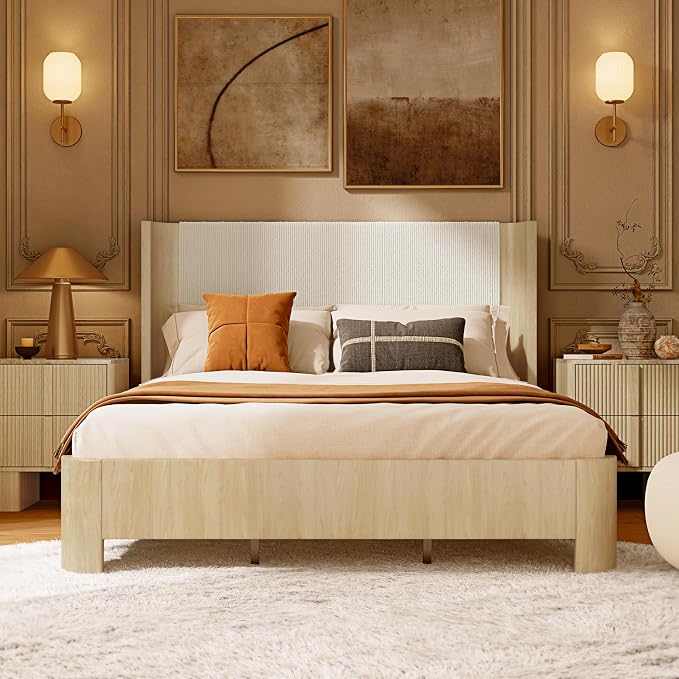 King Size Upholstered Platform Bed Frame with Wingback Headboard, Motion-Sensing LED Lights, Sturdy Slats, Mattress-Lock Footboard, PU Leather,No Box Spring Needed, Easy Assembly, Whitewashed Oak
