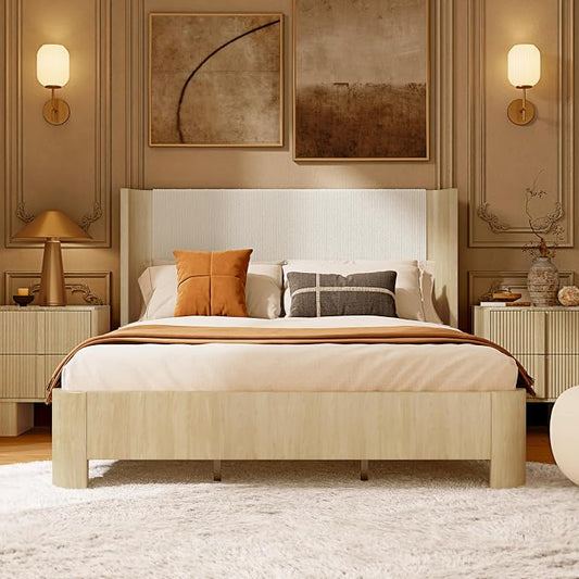 King Size Upholstered Platform Bed Frame with Wingback Headboard, Motion-Sensing LED Lights, Sturdy Slats, Mattress-Lock Footboard, PU Leather,No Box Spring Needed, Easy Assembly, Whitewashed Oak