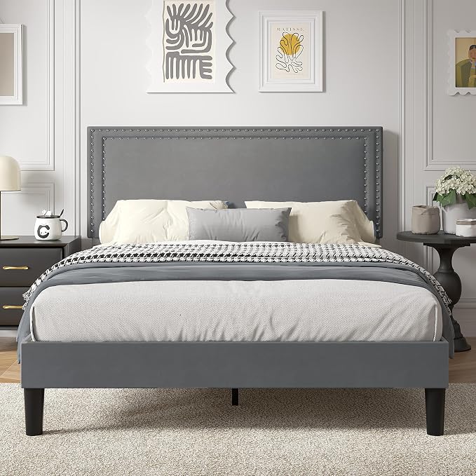 VECELO Queen Size Platform Bed Frame with Height Adjustable Upholstered Headboard, Modern Mattress Foundation,Strong Wood Slat Support, No Box Spring Needed, Easy Assembly,Dark Grey