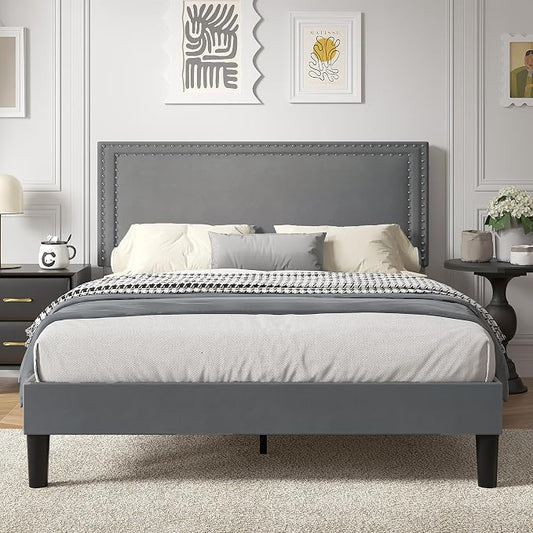 VECELO Queen Size Platform Bed Frame with Height Adjustable Upholstered Headboard, Modern Mattress Foundation,Strong Wood Slat Support, No Box Spring Needed, Easy Assembly,Dark Grey