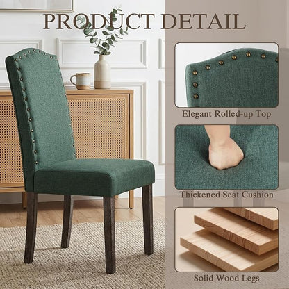 LSSBOUGHT Dining Chair Upholstered Parsons Kitchen Chair with Copper Nails and Solid Wood Legs (Green-Fabric, Set of 6)