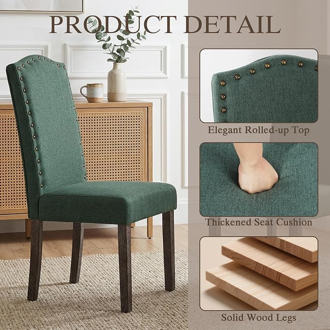LSSBOUGHT Fabric Dining Chair Upholstered Parsons Kitchen Chair with Copper Nails and Solid Wood Legs for Dining Room,Restaurant (Green, 4PCS)