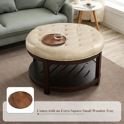 adochr Round Coffee Tables for Living Room,33’’ Storage Ottoman with Wooden Tray, Upholstered Ottoman Footrest, Ivory