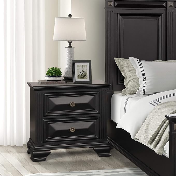 Roundhill Furniture Renova Vintage Black Wood Bedroom Set, King Panel Bed, Dresser, Mirror, Two Nightstands, Chest