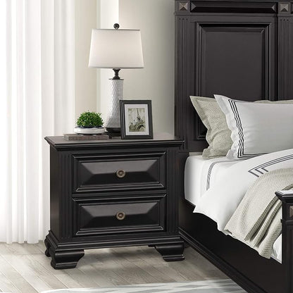 Roundhill Furniture Renova Vintage Black Wood Bedroom Set, Queen Panel Bed, Dresser, Mirror, Two Nightstands