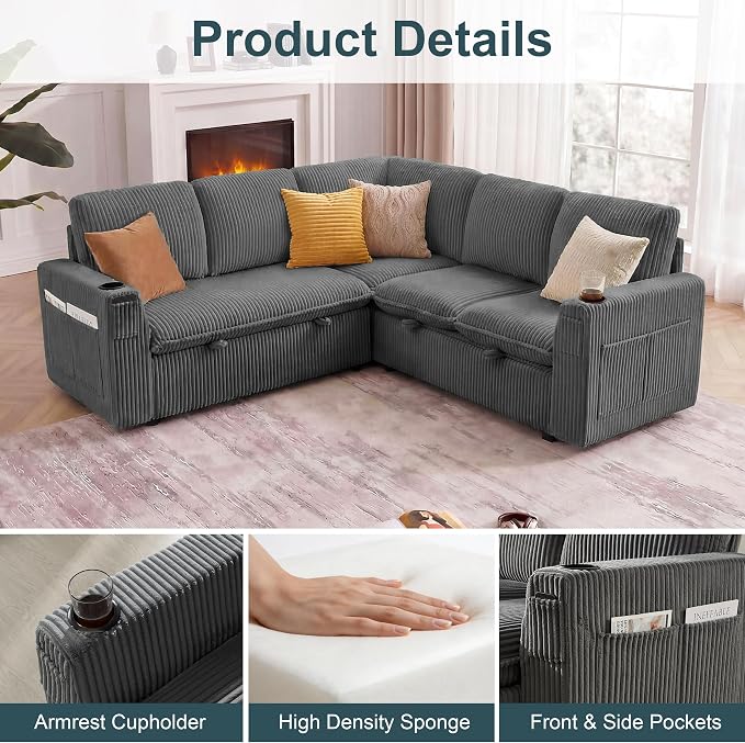 Sectional Sleeper Sofa with Pull Out Bed, Plush Corduroy 5 Seat Modular Sectional Sofa with Storage Chaise and Adjustable Backrest, Cloud Couches for Living Room, Apartment, Smoke Grey