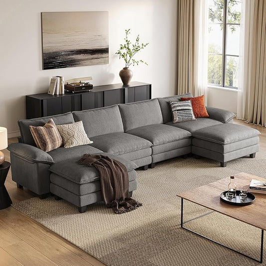LINSY HOME 157'' Modular Sectional Sofa 4 Seat Couch Corduroy Cloud Couch with Deep Seat, Modern U-Shaped Cloud Couch with 2 Movable Ottoman for Living Room, Office, Bedroom, Grey
