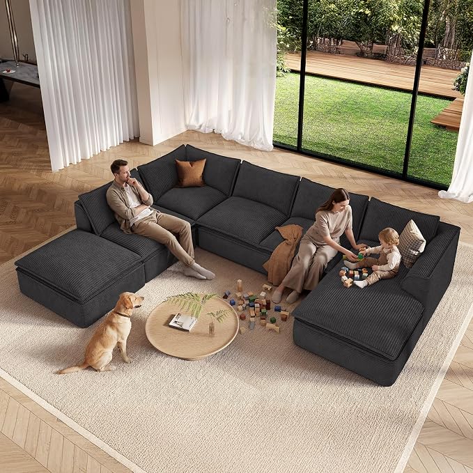 Vesgantti 141.7" U Shaped Boneless Sectional Couch, Modern 6 Seater Modular Sofa with Chaise & Ottoman, Deep Seat Convertible Corduroy Cloud Couches for Living Room, No Assembly Required, Black