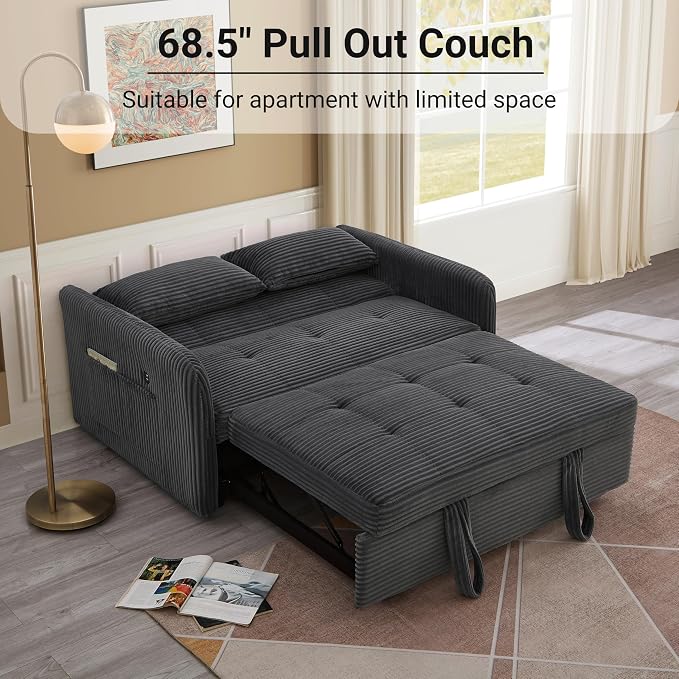 55.5" Corduroy Convertible Sofa Bed, Pull Out Sleeper Sofa Bed, Loveseat Couch with USB Charging Ports, 3 in 1 Convertible Sleeper Sofa Bed for Living Room, Apartment, Bedroom, RV, Grey
