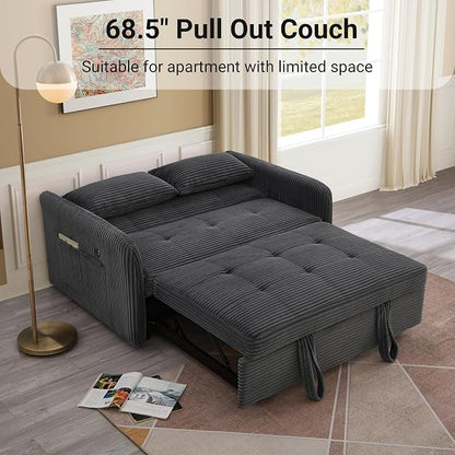 55.5" Corduroy Convertible Sofa Bed, Pull Out Sleeper Sofa Bed, Loveseat Couch with USB Charging Ports, 3 in 1 Convertible Sleeper Sofa Bed for Living Room, Apartment, Bedroom, RV, Grey