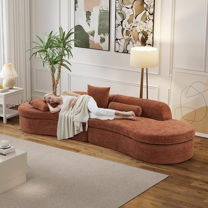 126" Curved Modular Sectional Sofa, Chenille Upholstered Cloud 4 Seater Couch for Living Room, No Assembly Modern Love Seat Sofa with 2 Bolster Pillows & 2 Square Pillows, High-Density Foam, Orange