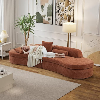 126" Curved Modular Sectional Sofa, Chenille Upholstered Cloud 4 Seater Couch for Living Room, No Assembly Modern Love Seat Sofa with 2 Bolster Pillows & 2 Square Pillows, High-Density Foam, Orange