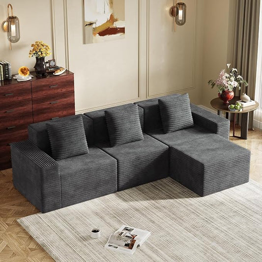 WLIVE 110'' Cloud Sectional Couches for Living Room, Modular Boneless Couch with Facing Chaise, L Shape Memory Foam Corduroy, with Ottoman, Grey