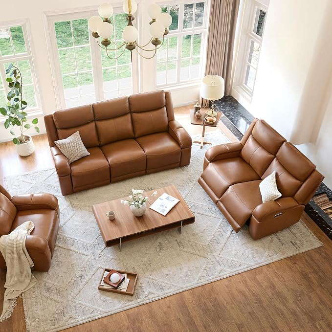 Watson & Whitely Power Reclining Sofa and Loveseat Sets, Genuine Leather Sofa Recliner Couch Set with Power Headrest, Storage Console, USB Ports, Cup Holders, Living Room Furniture Set, Saddle Brown