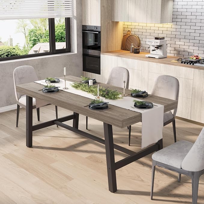 GarveeHome Industrial Dining Table for 4-6 People, 63" Long Kitchen Table with Sturdy Metal Frame, Rectangular Counter for Dinner, Kitchen, Dining Room (Grey Walnut, 63" Non-extendable)