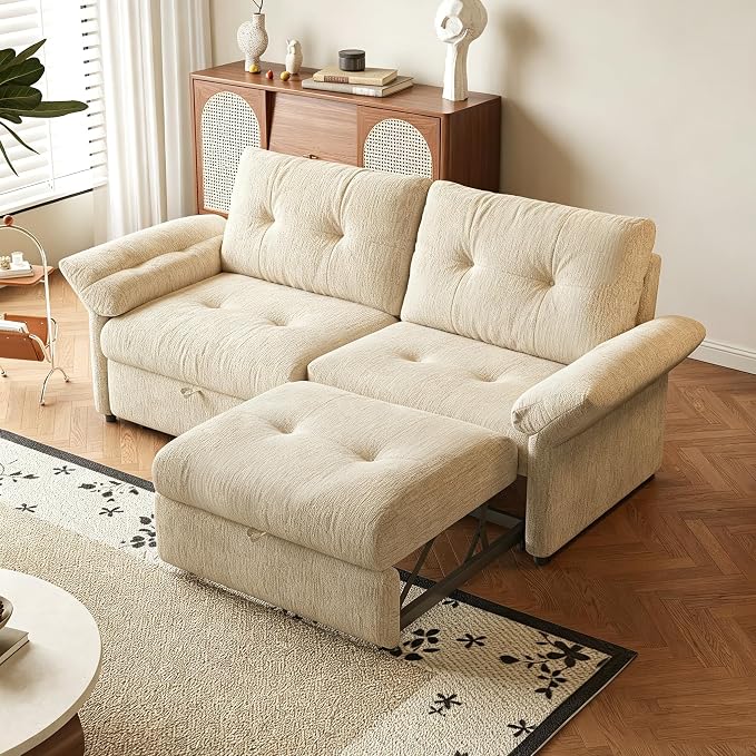 81.5'' Full Sleeper Sofa, Pre-Assembled, Chenille Pull Out Couches Bed, 3-in-1 Convertible Sofa, Adjustable Backrest, Small Loveseat for Small Space, Living Room, Apartment, Chenille Beige