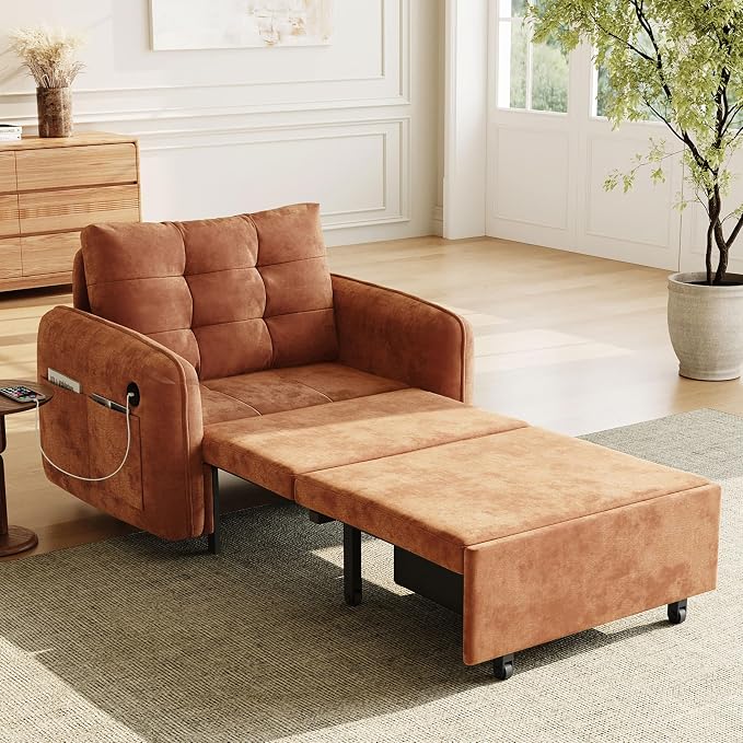 ERYE Modern Foldable Chair Sofa Convertible Pull Out Sleeper Sofabed,Single Seat Tufted Upholstered Sofa Convertible Chaise Lounge Bed with USB-Ports and Side Pockets