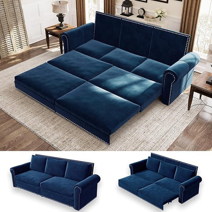 93.7" King Size Sleeper Sofa Bed, Pull Out Sofa Bed, Velvet Upholstery, 3 in 1 Convertible Sleeper Couch, Chaise Lounge, Retro Recliner for Living Room, Office, Apartment, Blue