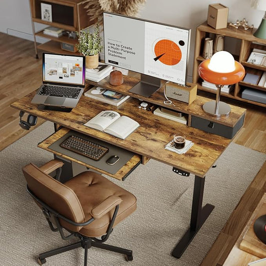 Agilestic Electric Standing Desk with 2 Drawers and Keyboard Tray, 63 x 24 Inches Ergonomic Adjustable Height Desk with Storage, Sit Stand up Computer Workstation, Rustic Brown
