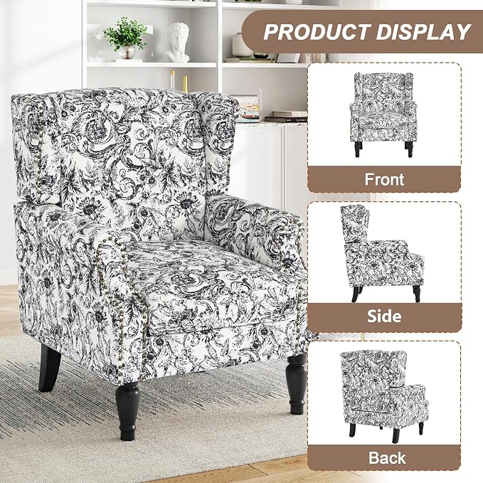 Pia Ricco High Back Floral Accent Chair - Retro Wingback Upholstered Armchair with Nailhead Trim, Solid Wood Legs, Fabric Living Room Bedroom Reading Chair (Rococo Black)