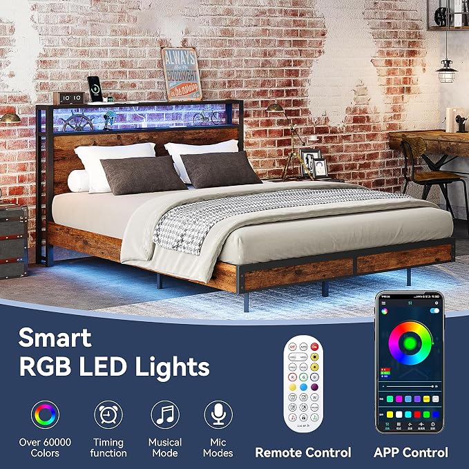 BedsPick Queen Bed Frame with 2-Tier Storage Headboard, Metal Platform Bed Frame Queen Size with Smart LED Lights & USB Charging Station, Noise-Free/Metal Support/No Box Spring Needed, Brown