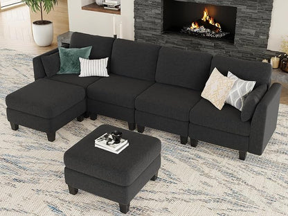 Modular Sectional Sofa, 6 Seaters Modular Sleeper Sofa Couch, Comfy Sectionals Couches Bed, Convertible Sofas with Ottomans, Sectional Couches for Living Room, Black