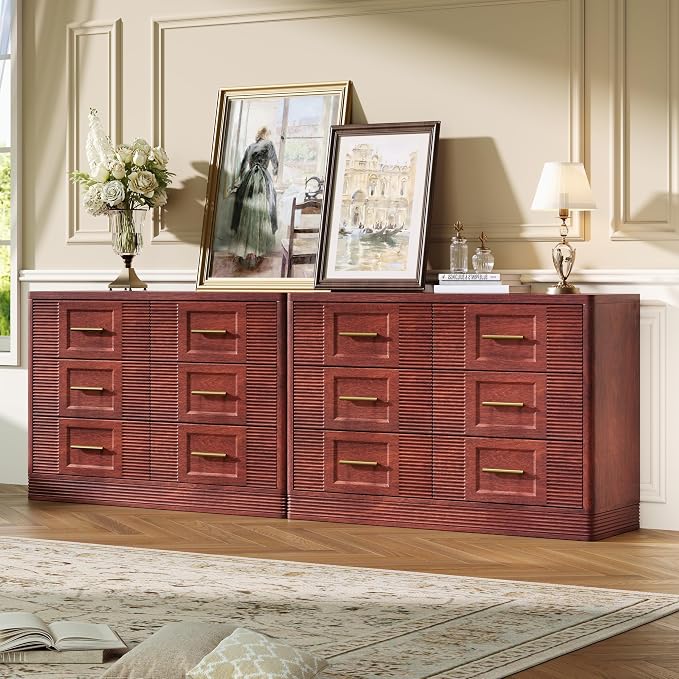 RECHHX Farmhouse 6 Drawers Dresser for Bedroom, 47.2" Wide Large Modern Chest of Drawers, Wooden Thermoformed Curved Dresser Organizer for Bedroom, Living Room, Walnut Cherry