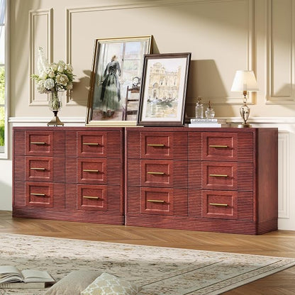 RECHHX Farmhouse 6 Drawers Dresser for Bedroom, 47.2" Wide Large Modern Chest of Drawers, Wooden Thermoformed Curved Dresser Organizer for Bedroom, Living Room, Walnut Cherry