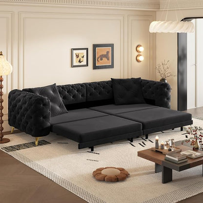 97.7" Convertible Queen Sleeper Sofa with Ottoman - Button Tufted Pull Out Sofa Bed, Velvet King Size Couch Bed & Vintage Deep Seat 4-Seater Couch for Small Spaces, Apartment & Living Room, Black | Button Tufted