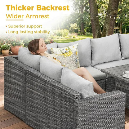 Wisteria Lane 7 Piece Patio Furniture Set, Wicker Patio Sectional with Wide Armrest, All Weather Outdoor Dining Set, Outdoor Furniture Patio Conversation Set with Ottoman, Ash Gray