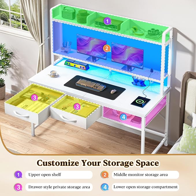 DurayLoly 47.2" Gaming Desk with RGB LED and Power Outlet, Computer Desk with Hutch and Monitor Stand, Home Office Desk with Drawers and Shelves, Study Writing Desk Bedroom Dorm Small Space, White
