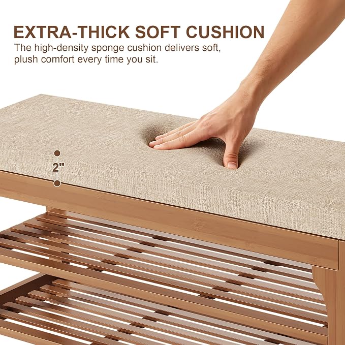 PETKABOO 39.4" Shoe Storage Bench with Cushion, 3-Tier Shoe Rack Bench with Adjustable Shelf, 400 LB Capacity, Boot Storage Compartment, Shoe Organizer for Entryway, Hallway, Bedroom, Closet