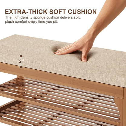 PETKABOO 39.4" Shoe Storage Bench with Cushion, 3-Tier Shoe Rack Bench with Adjustable Shelf, 400 LB Capacity, Boot Storage Compartment, Shoe Organizer for Entryway, Hallway, Bedroom, Closet
