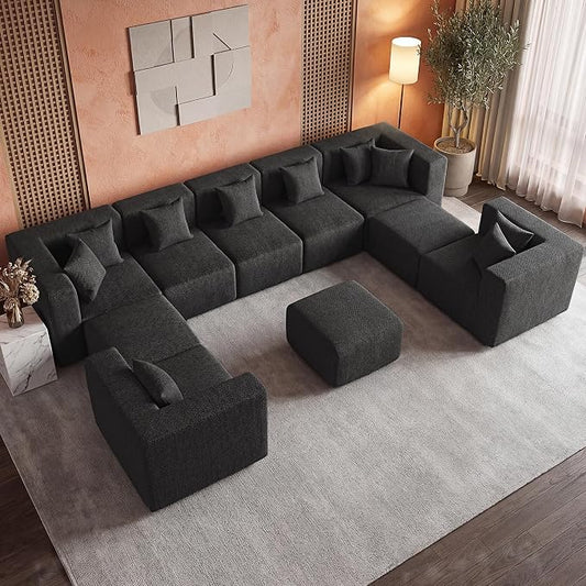 MONVANE Modular Sectional Sofa, Oversized 10 Seat Convertible U Shaped Couch with Ottoman, Comfy Chenille Deep Seat Cloud Couch, Sectional Couches for Living Room, No Assembly Required, Black