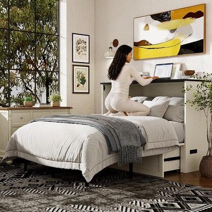 Ihanherry Queen Murphy Bed with Storage Drawer, Farmhouse Cabinet Bed with LED Lights & Charging Station, Space Saving Wall Bed for Small Bedroom/Home Office, Noise Free & Easy Assembly, Rustic White