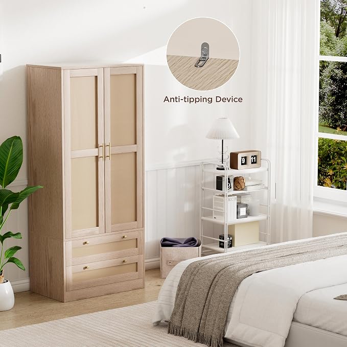 72" Tall Wardrobe Armoire Closet with Mirror, Rattan Armoire Storage Cabinet with 2 Doors and Hanging Rod, Wooden Wardrobe Closet Storage with 2 Larger Drawers and Shelves for Bedroom, Cloak Room