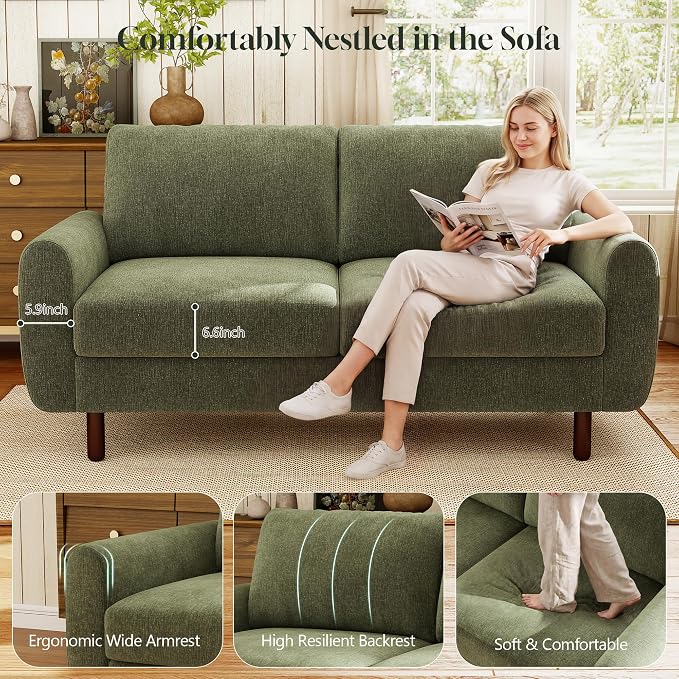 WorthFurni 68" Loveseat Sofa, Comfy Chenille Fabric Couches for Living Room with Spring Cushion and Solid Wood Frame, Modern Deep Seat Couch for Bedroom, Apartment, Office, Easy Assembly,Green